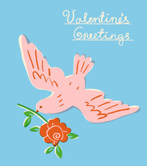 Flying dove holding a rose. Vector illustration of a pigeon delivering a romantic gift for Valentine's Day. Poster, banner or postcard template in trendy retro style.