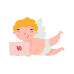Cute cupid with envelope. Design element for greeting card, invitation, poster, banner, gift tag