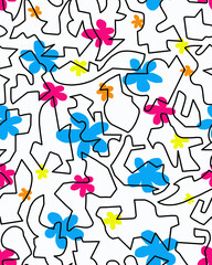 Bright multicolored floral pattern on a black background, abstract design, seamless background.