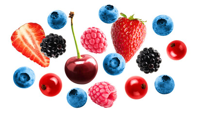 Collection of fresh berries isolated on white background. Strawberry, blueberry, cherry, raspberry,...