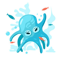 Blue octopus underwater. Cartoon style.