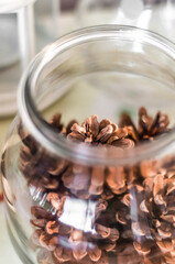 Pine cones stacked in a glass vase.