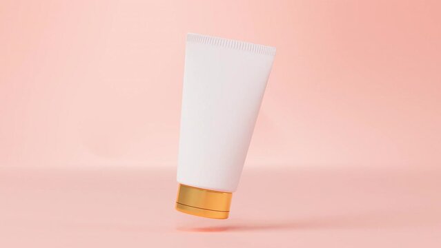 Plastic cosmetic cream tube mockup floating rotating on pink background motion 3D render