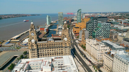 Obraz premium Flight over the city of Liverpool with the Three Graces - drone photography