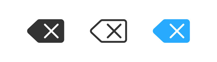 Backspace icon on light background. Blue delete keyboard key symbol. UI element. Outline, flat, and colored style. Flat design.