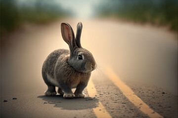 cute rabbit on the running road, Generative AI