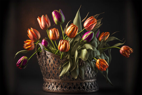 beautiful tulips bouquet on a dark background in a basket, generative ai