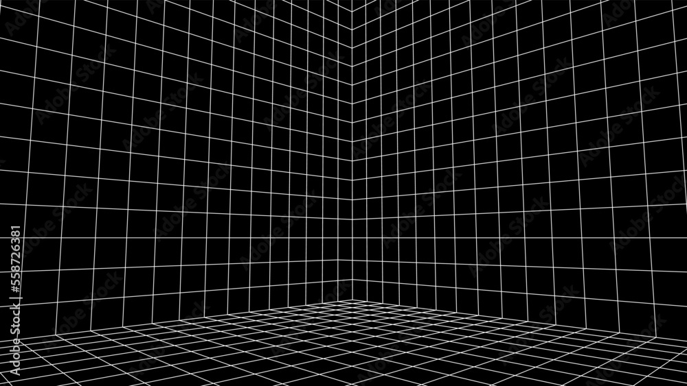 Poster Abstract 80s styled computer background. Sci-fi architecture interior with retro lines. Synthwave or retrowave grid room.