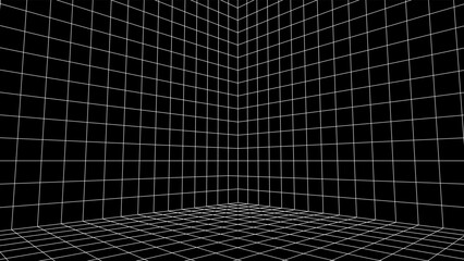 Abstract 80s styled computer background. Sci-fi architecture interior with retro lines. Synthwave or retrowave grid room.