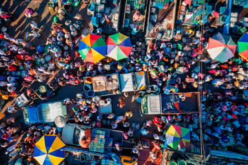 Aerial view of people enjoying the New fish market, Chattogram province, Bangladesh.