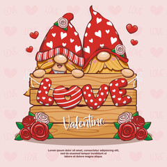 Happy Valentine With Gnome Couple, Cute Love Cartoon Illustration