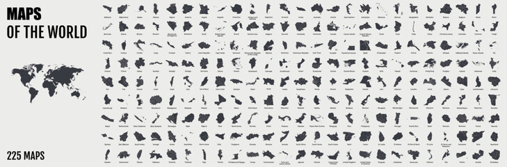 Fototapeta na wymiar All 225 Complete Countries Map of the World Perfect Icons . A complete maps of the world. Every single country map are listed and isolated with names.
