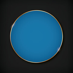 blue colored round banner with gold frame on dark background
