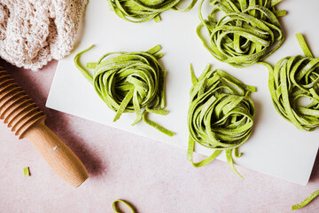 Fresh homemade Green spinach tagliatelle