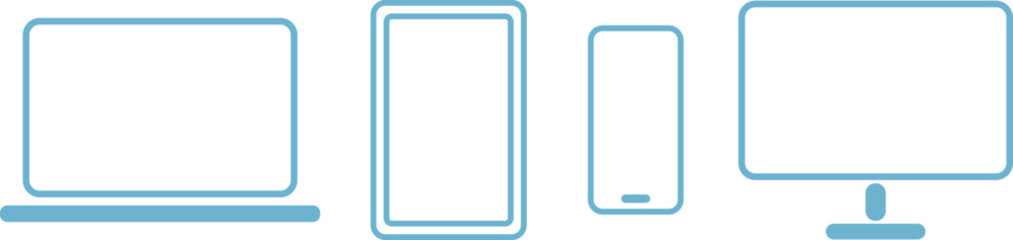 vector illustration set of blue colored smartphone, tablet,  laptop and computer icons