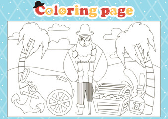 Fototapeta na wymiar Sea themed coloring page for kids with cute pirate character holding map and chest with coins
