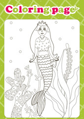 Fairytale themed coloring page for kids with cute mermaid character