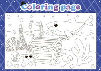 Pirate themed coloring page for kids with cute animal characters and chest with coins