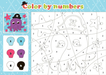 Pirate themed coloring page by number for kids with cute animal character octopus