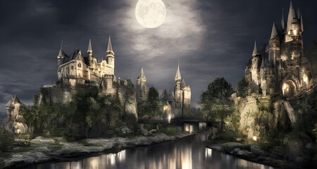 AI Digital Illustration Old Castle and Full Moon