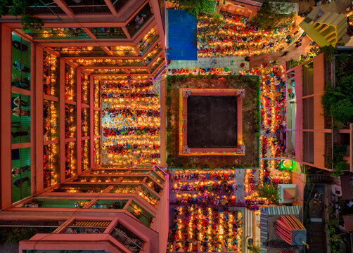 Dhaka, Bangladesh - 15 November 2022: Aerial view of people at Rakher Upobash festival, Shri Shri Lokenath Brahmachari, Ashram temple.