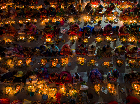 Dhaka, Bangladesh - 15 November 2022: Aerial view of people at Rakher Upobash festival, Shri Shri Lokenath Brahmachari, Ashram temple.