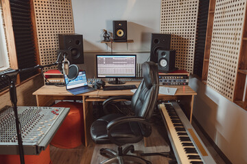 Interior of a soundproof room in a modern recording studio. Sound engineer workplace for...