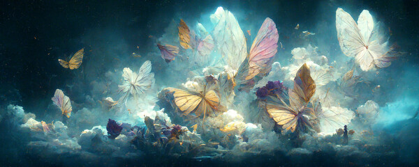 Science fantasy clouds become butterflies of mythological legend background.large stunningly beautiful fairy wings Fantasy abstract paint 3d render.