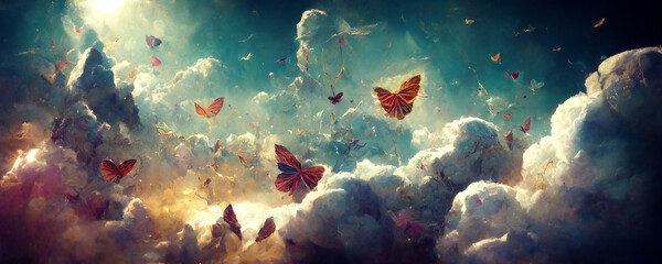 Fototapeta na wymiar Science fantasy clouds become butterflies of mythological legend background.large stunningly beautiful fairy wings Fantasy abstract paint 3d render.