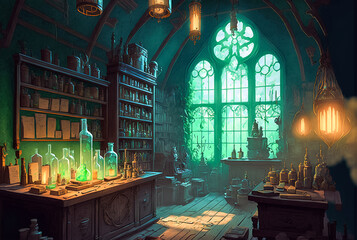 Laboratory wizard medieval alchemy, retro interior