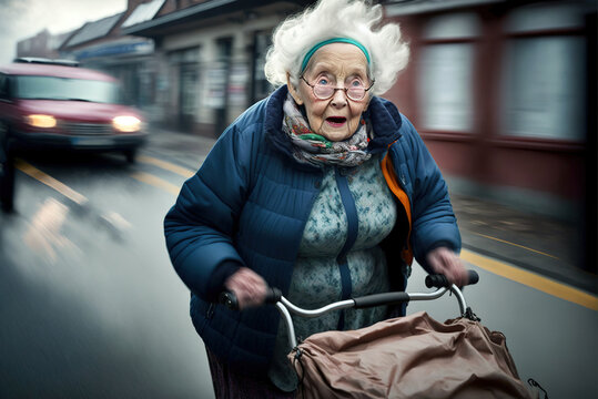 Rentnerin mit Rollator auf der Straße - Generative AI