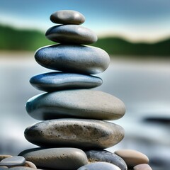 Balanced tower of stacked stones in nature. Calm, zen and meditation. Generative AI