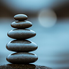 Fototapeta na wymiar Balanced tower of stacked stones in nature. Calm, zen and meditation. Copyspace. Generative AI
