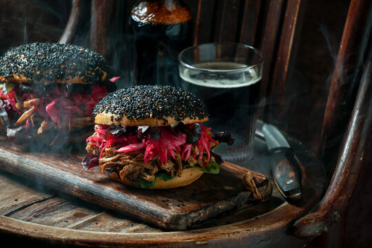 pulled pork burger with black sesame with Crunchy Apple Slaw, Pickled Red Cabbage, Crunchy Apple Slaw, American Flag, USA Independence Day