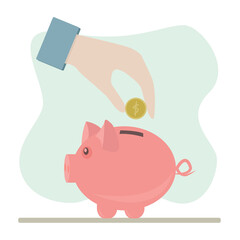 Money saving piggy bank with cash and hand holding gold coin. Inflation concept. 