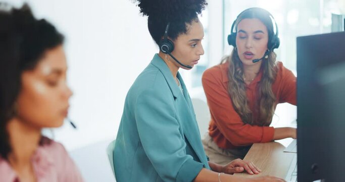 Call center, crm and training with women, coach and mentor, customer service or telemarketing job in office. Contact us, coaching and train for customer support, help and advice with communication.
