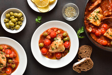 Cod stew with chickpeas, cherry tomatoes and olives