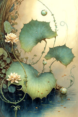 Obraz Liście i Kwiaty Lilii Wodnej