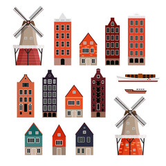 Old colorful buildings, vector flat isolated illustration. European traditional house facades. City architecture design elements. Mills. Boats.