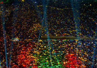 Aerial view of football fans watching football World Cup in the giant screen in Dhaka University Playground, Dhaka, Bangladesh.