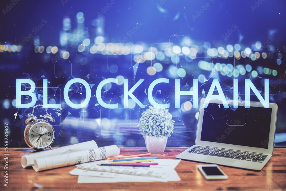 Aufkleber Double exposure of blockchain and crypto economy theme hologram and table with computer background. Concept of bitcoin cryptocurrency.