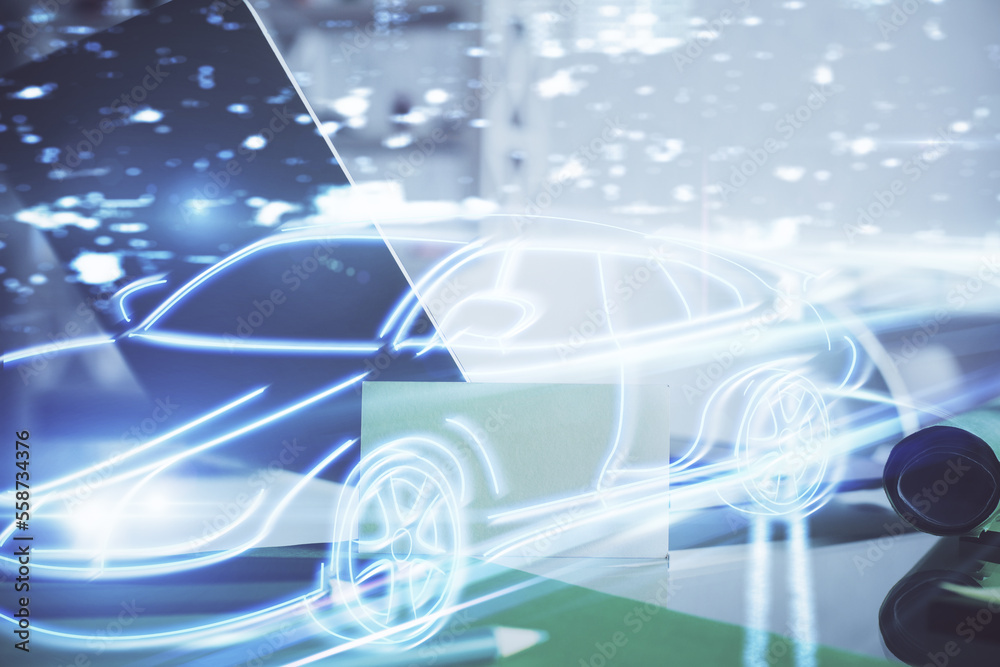 Poster Desktop computer background in office with automobile hologram drawing. Multi exposure. Tech concept.