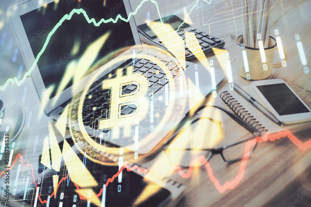 Poster Double exposure of blockchain and crypto economy theme hologram and table with computer background. Concept of bitcoin cryptocurrency.