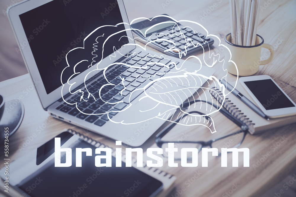 Poster desktop computer background in office and start up theme hologram drawing. double exposure. startup 