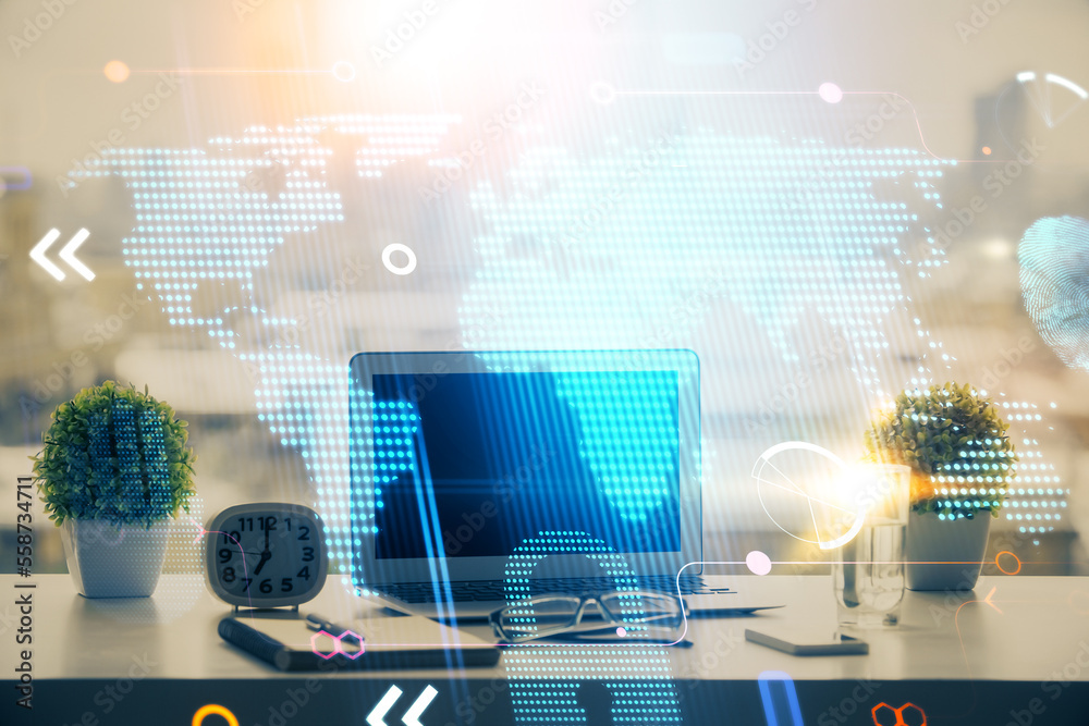 Poster Double exposure of desktop with computer and world map hologram. International data network concept.