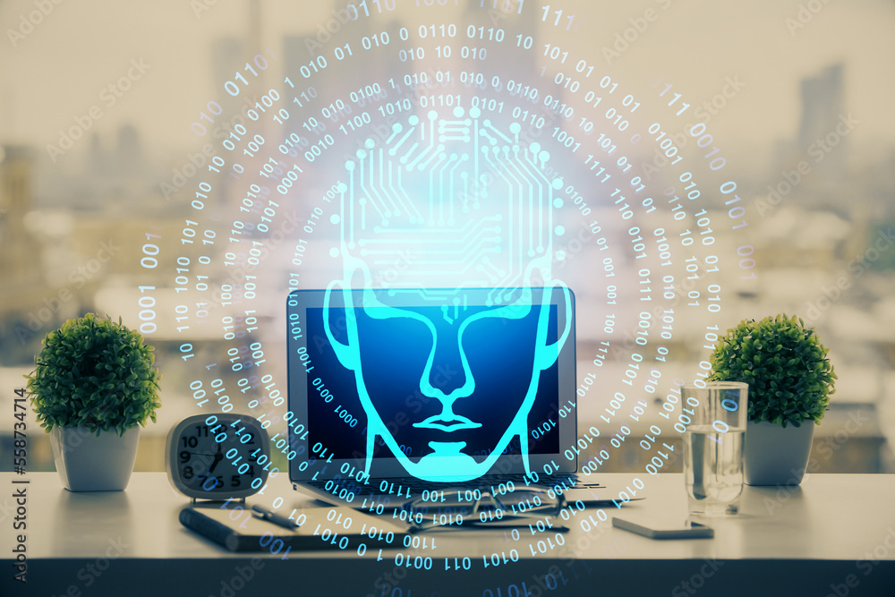 Poster Double exposure of desktop with computer and brain drawing hologram. Artificial intelligence concept.