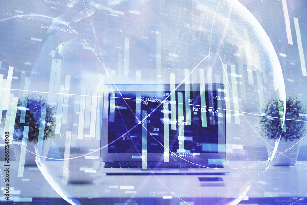 Aufkleber Double exposure of business theme icons and work space with computer background. Concept of success.
