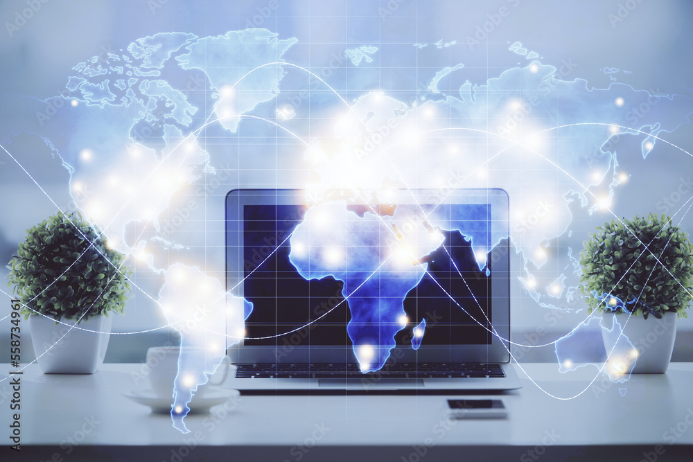 Poster Double exposure of business theme icons and work space with computer background. Concept of success.