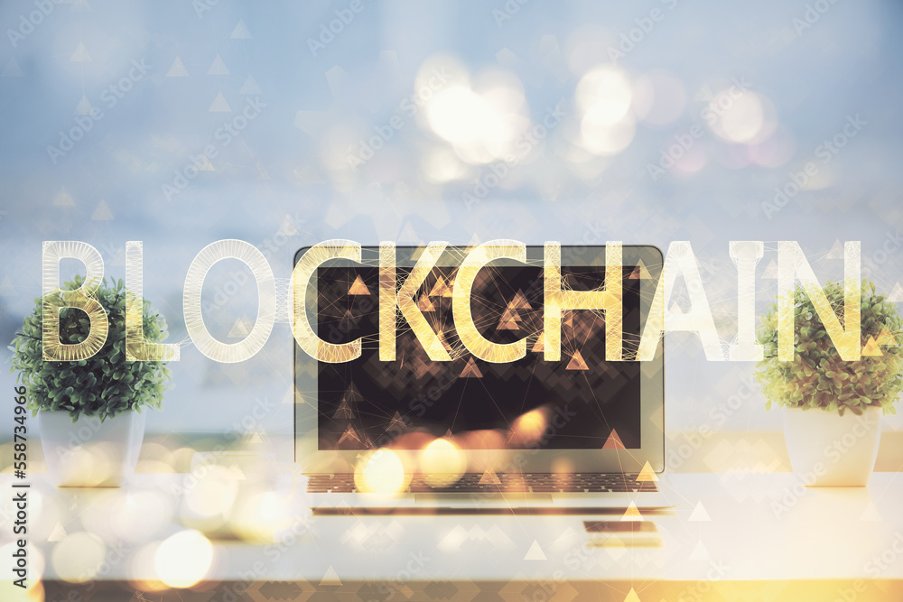 Poster Double exposure of blockchain and crypto economy theme hologram and table with computer background. Concept of bitcoin cryptocurrency.