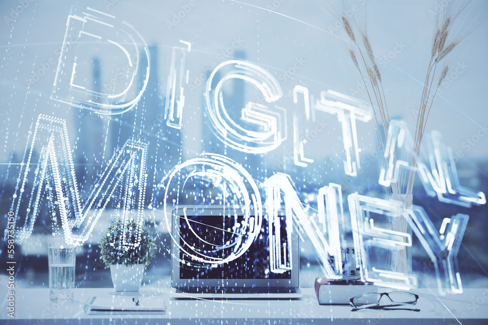Aufkleber Double exposure of blockchain and crypto economy theme hologram and table with computer background. Concept of bitcoin cryptocurrency.